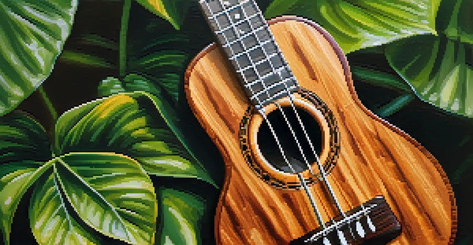 A handcrafted koa wood ukulele displayed among lush green foliage, with sunlight enhancing its glossy finish.