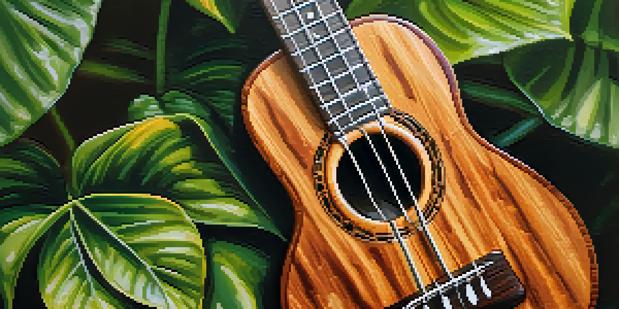 A handcrafted koa wood ukulele displayed among lush green foliage, with sunlight enhancing its glossy finish.
