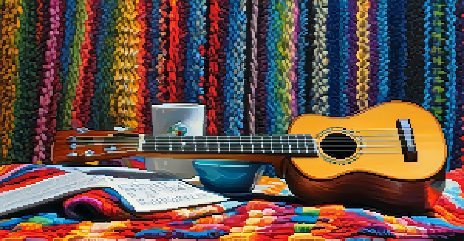 A still life of a ukulele, chord chart, and fingerpicks on a colorful blanket, illuminated by natural light.
