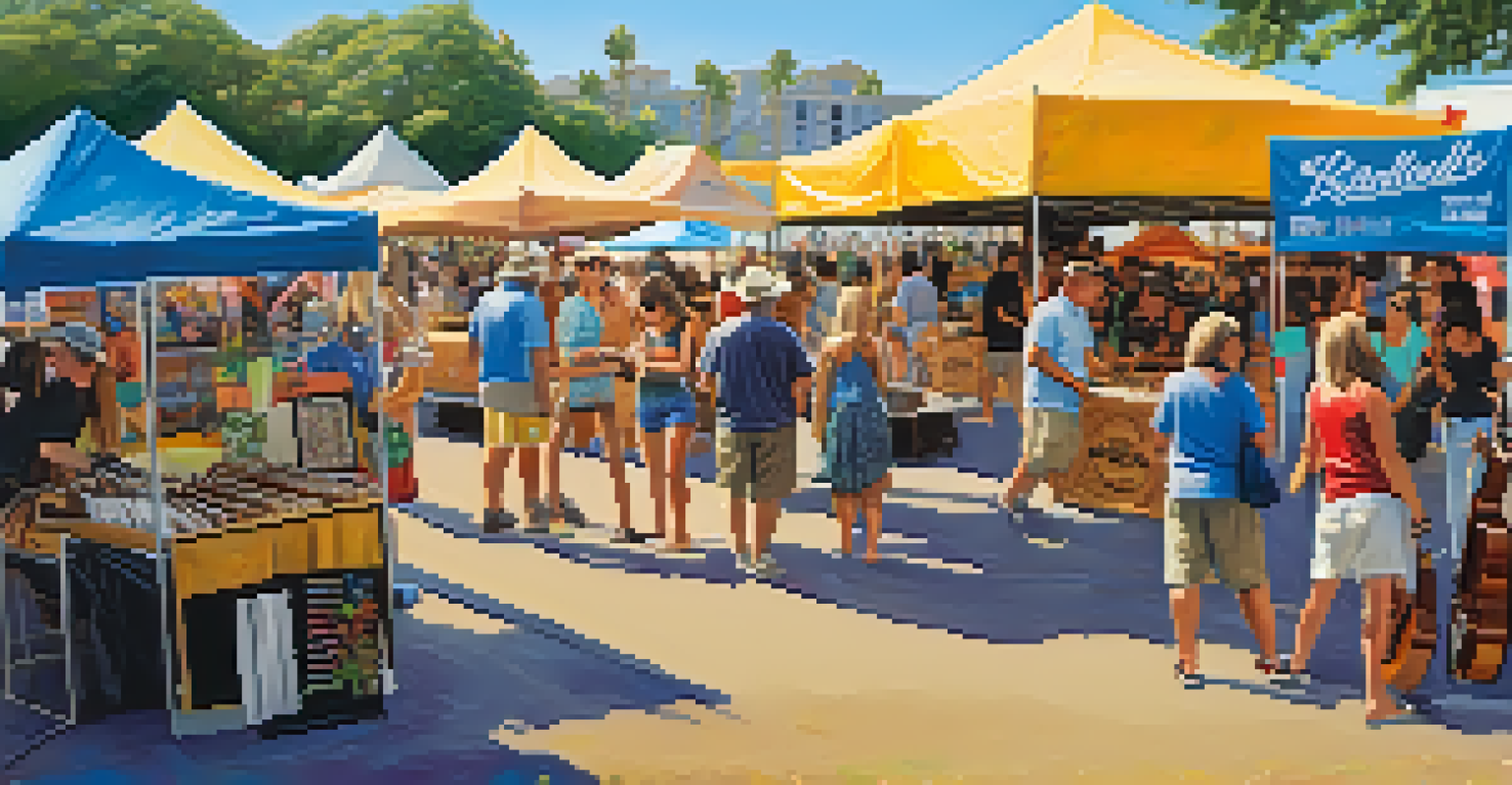 A bustling vendor area at a ukulele festival with colorful stalls selling instruments and accessories.