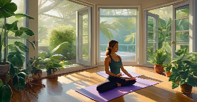 A peaceful yoga studio featuring a person in a yoga pose, with a ukulele and soft lighting.