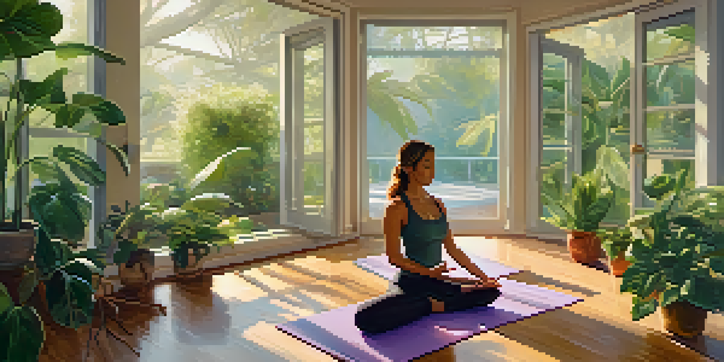 A peaceful yoga studio featuring a person in a yoga pose, with a ukulele and soft lighting.