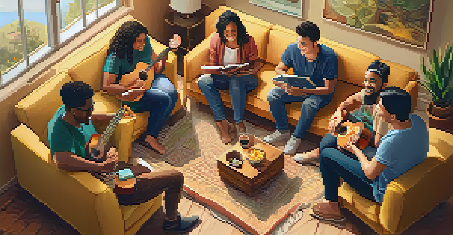 A diverse group of people gathered in a living room, each with a ukulele, participating in a music lesson.