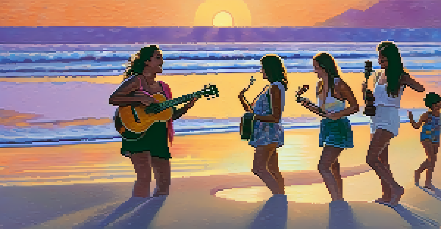 A young woman playing the ukulele on a beach at sunset, with friends dancing around her, set against a colorful sky.