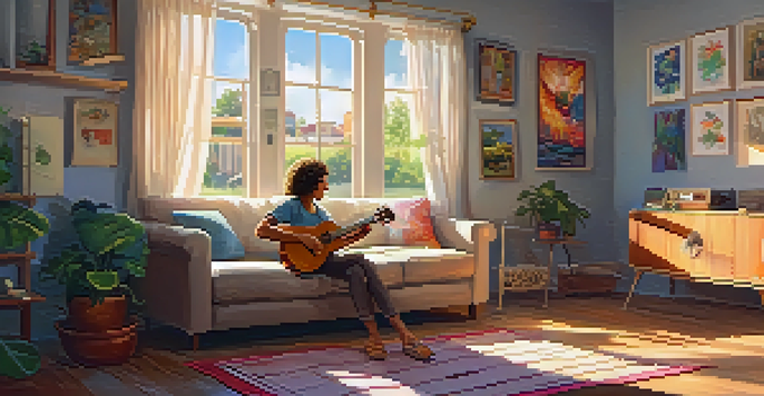 A person playing the ukulele on a sofa in a sunny room, surrounded by artwork and musical notes.