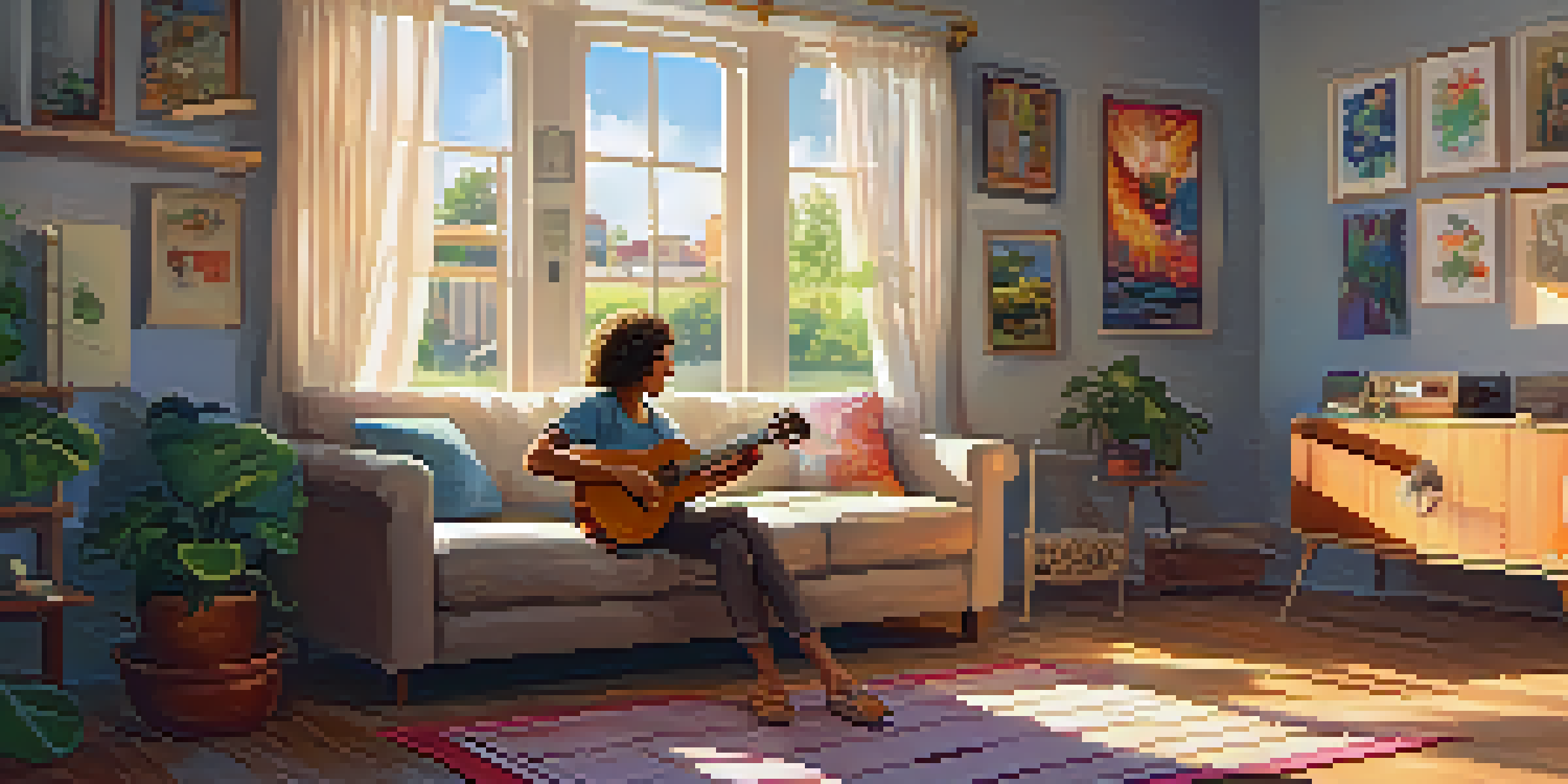 A person playing the ukulele on a sofa in a sunny room, surrounded by artwork and musical notes.
