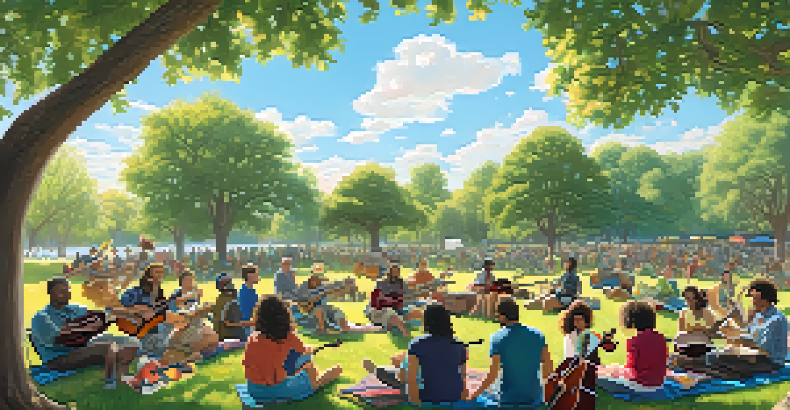 A diverse group of musicians in a park playing ukuleles together, surrounded by colorful blankets and trees under a blue sky.