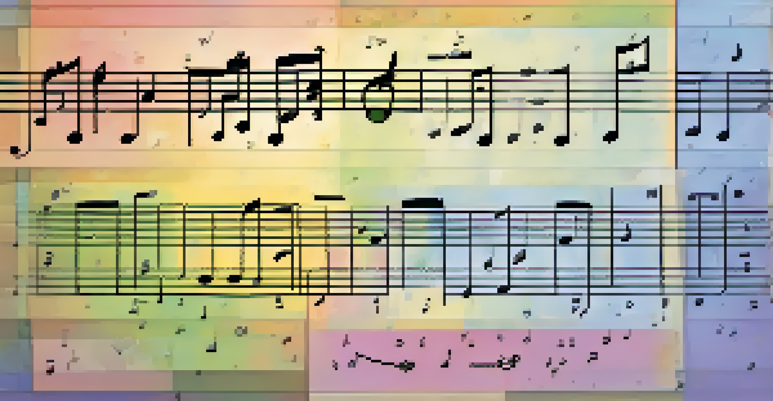 An educational illustration showing music intervals with colorful notes and annotations on a staff.