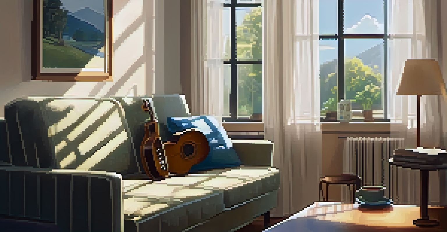 A cozy living room featuring a ukulele on a couch, with sunlight filtering through curtains and music sheets on a table.