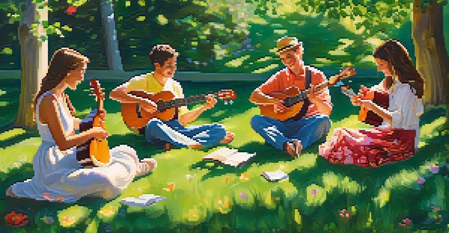 A group of friends playing ukuleles in a colorful garden, surrounded by flowers and trees, enjoying a musical jam session.