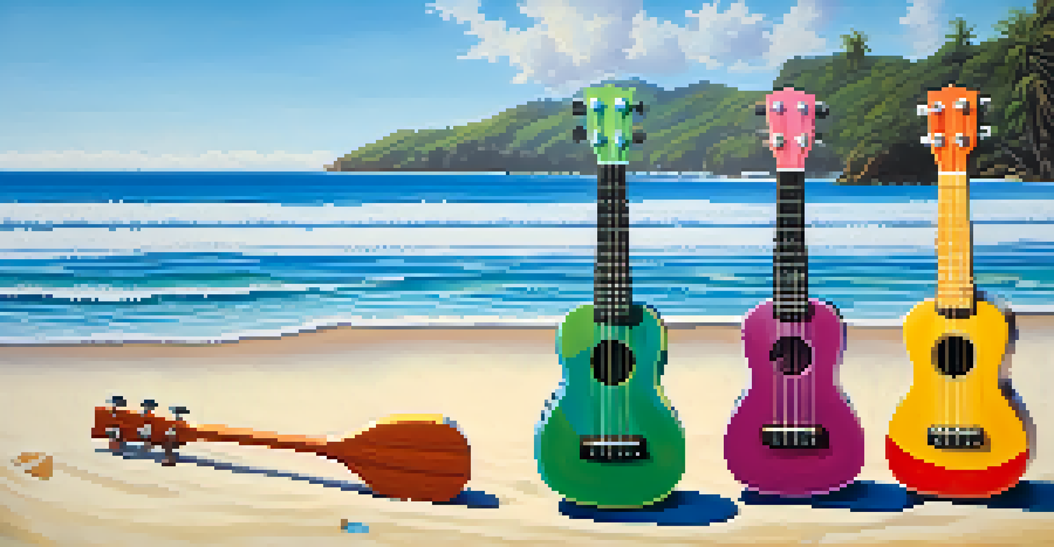 A colorful modern ukulele with graphic designs, placed on a beach with sunlight reflecting off its surface.