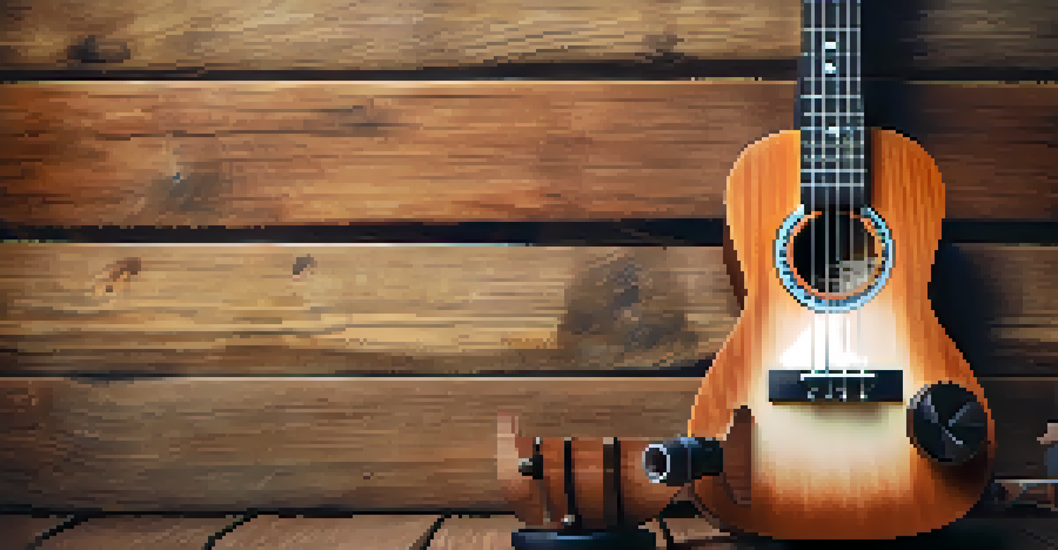 A flat lay image of a ukulele on a wooden surface with a smartphone tuner beside it, all in warm lighting.