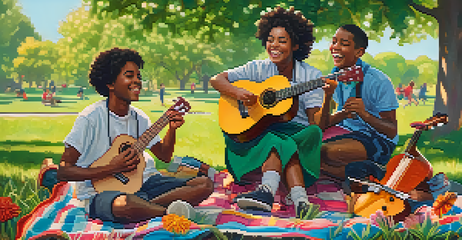A group of young musicians playing ukuleles together on a picnic blanket in a sunny park filled with trees and flowers.
