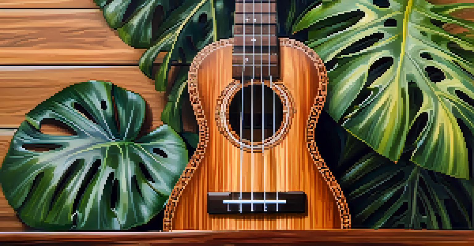 A close-up of a beautifully crafted ukulele on a wooden table, showcasing intricate wood patterns and a shiny finish.