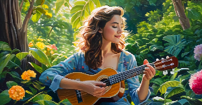 A person playing a ukulele in a green outdoor setting, with sunlight filtering through the leaves and colorful flowers in the background.