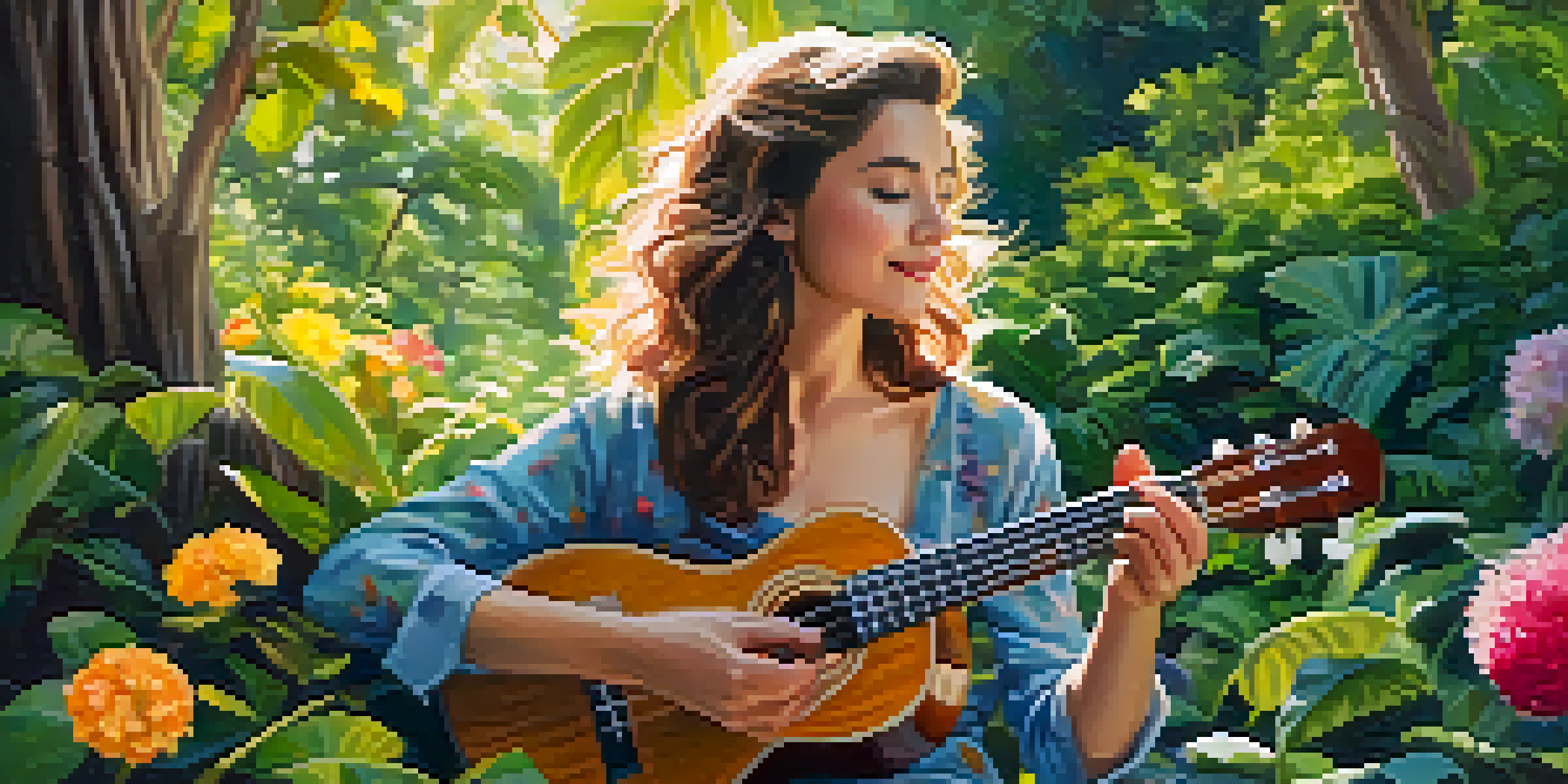 A person playing a ukulele in a green outdoor setting, with sunlight filtering through the leaves and colorful flowers in the background.