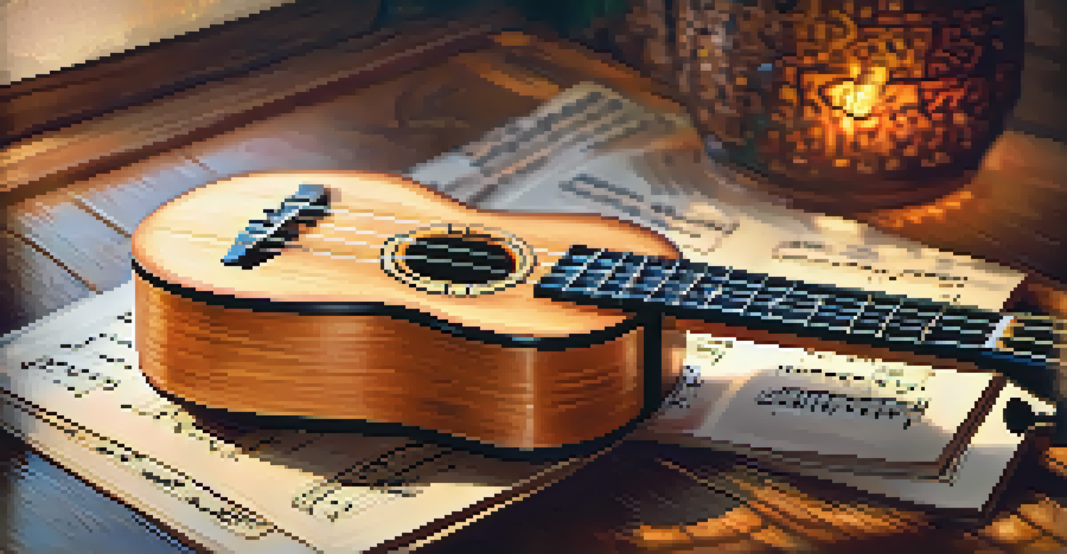 A close-up of a beautifully carved ukulele on a wooden table, surrounded by sheet music and colorful picks.