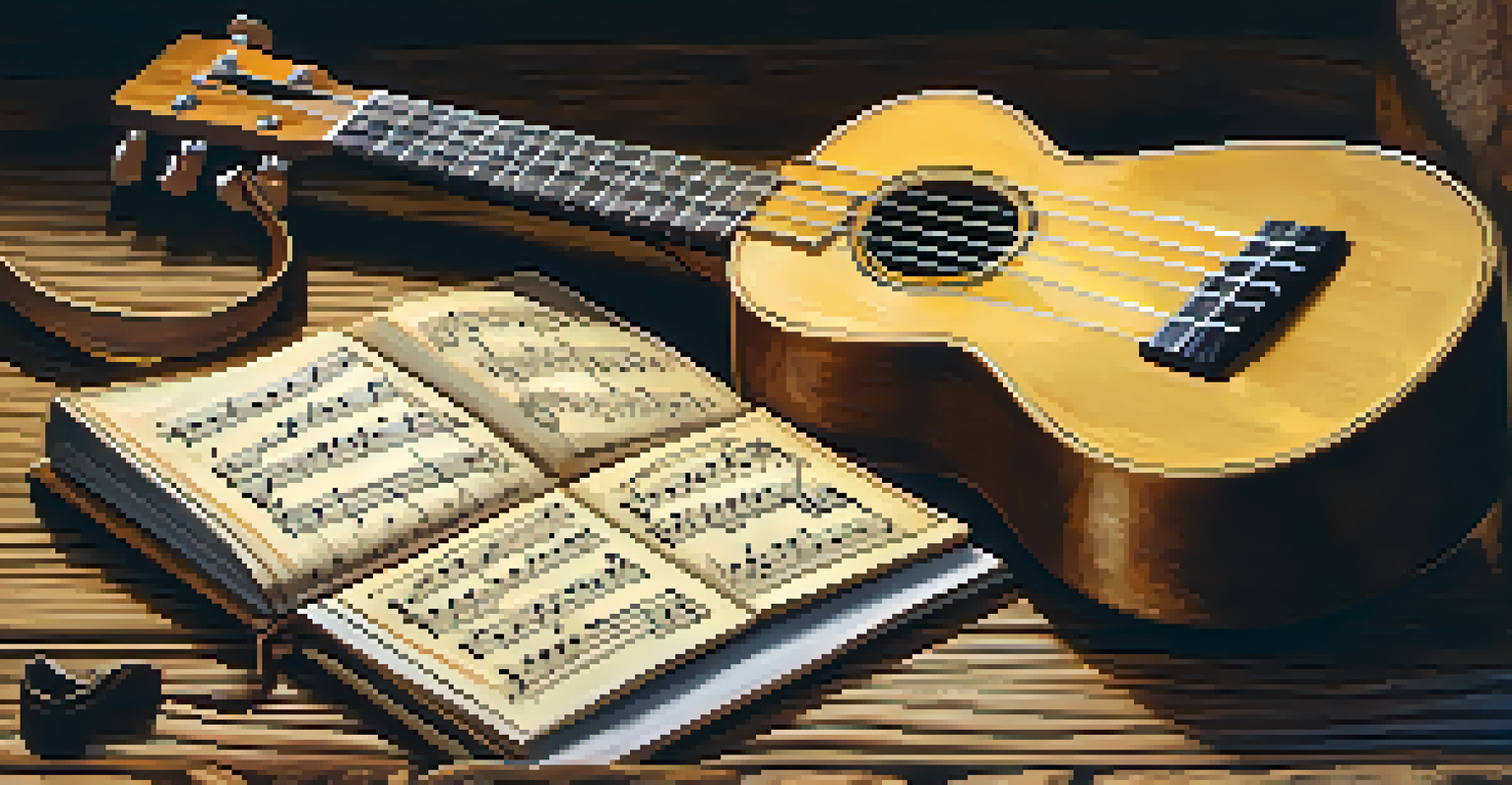 A ukulele, notebook with melodies, and musical notes arranged on a rustic wooden table, illuminated by warm lighting.