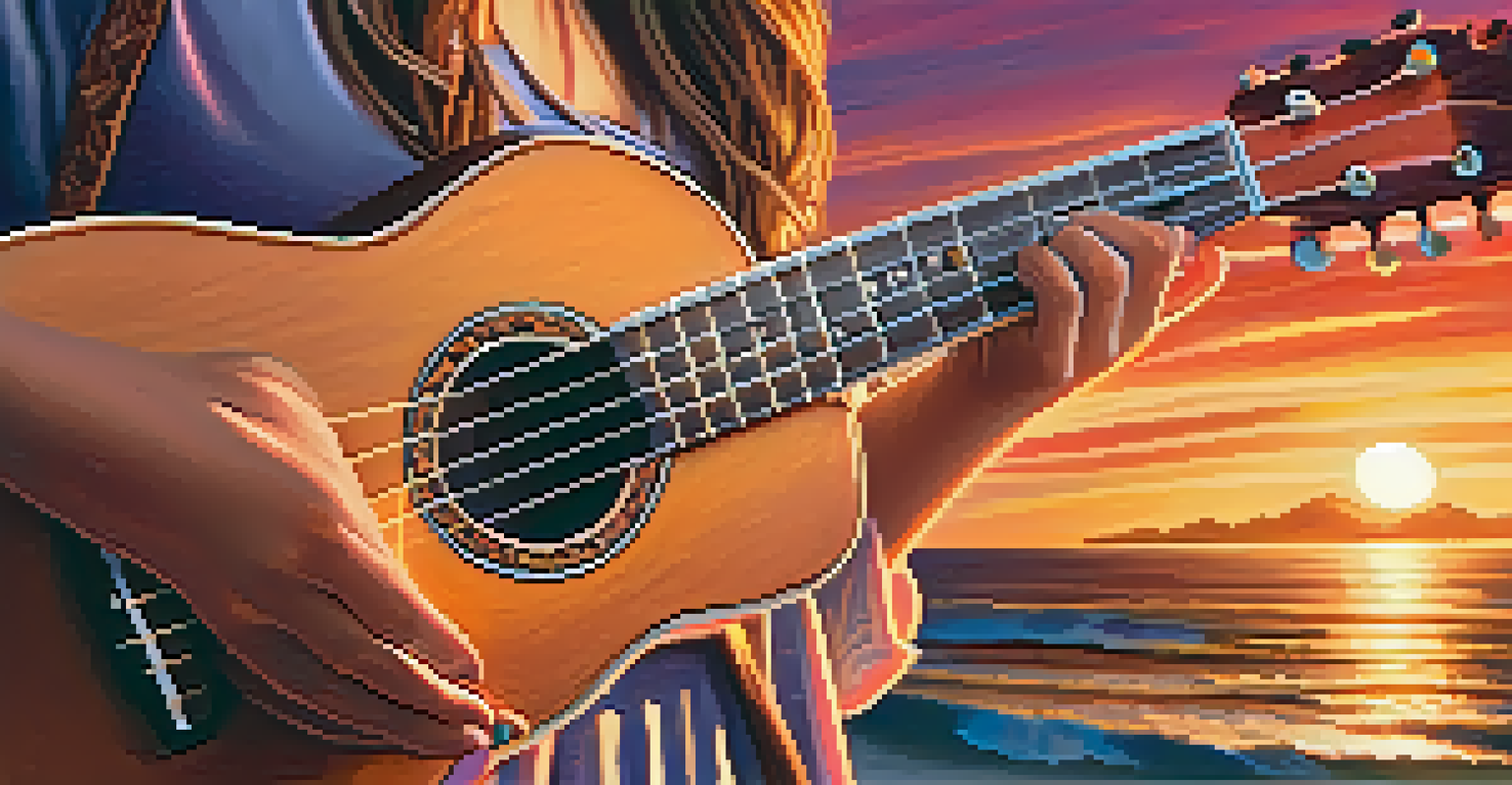 A close-up of a hand strumming a ukulele against a colorful sunset background.