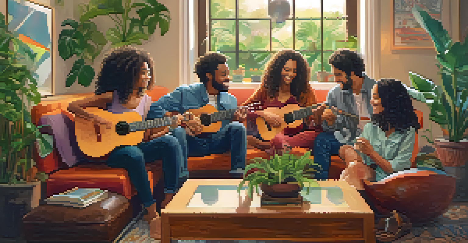 A diverse group of people playing ukuleles together in a cozy indoor space, smiling and sharing music.