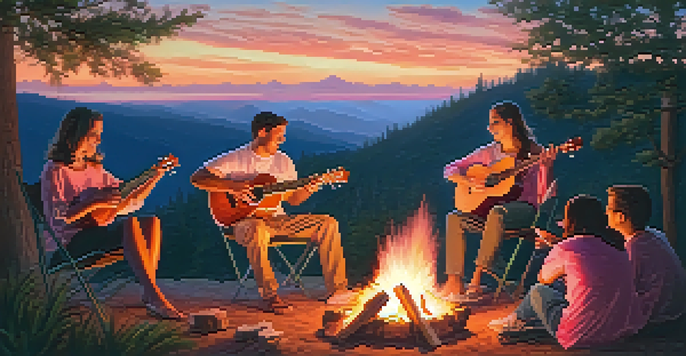Friends playing ukuleles around a campfire at sunset, with a colorful sky.
