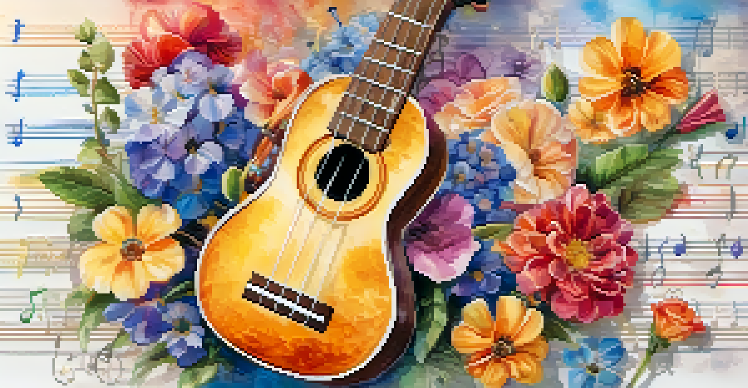 A colorful artistic representation of a ukulele surrounded by musical notes and flowers, symbolizing musical versatility.