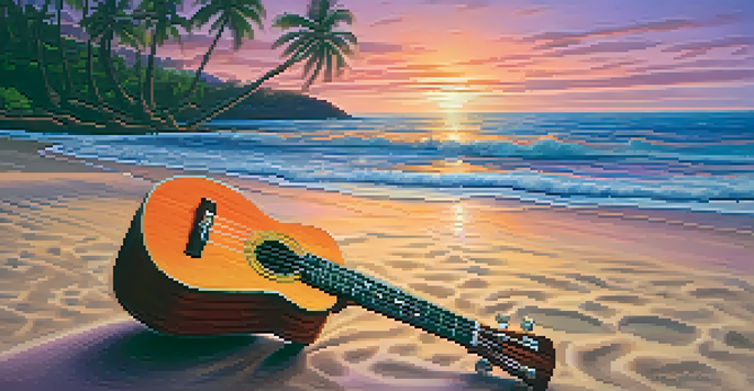A beautiful sunset beach in Hawaii with a ukulele on a wooden table and palm trees in the background.