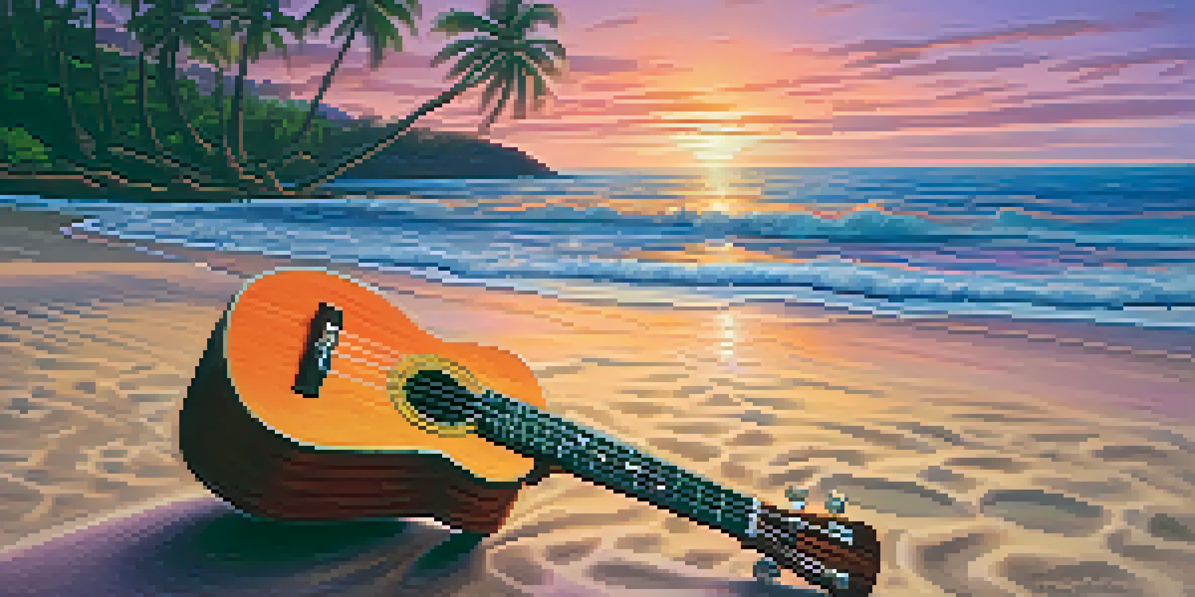 A beautiful sunset beach in Hawaii with a ukulele on a wooden table and palm trees in the background.