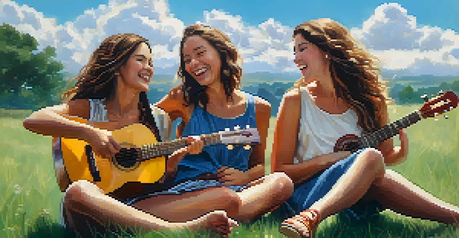 A group of friends in a circle on a grassy field, playing ukuleles and enjoying music under a blue sky.