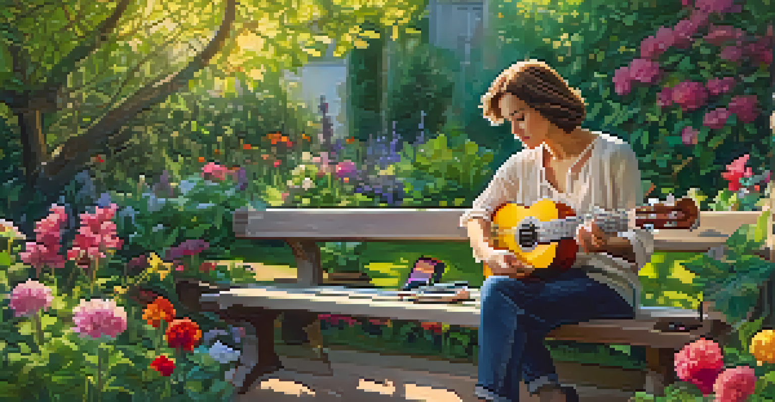 A musician tuning a ukulele in a colorful garden, with a digital tuner and a smartphone app beside them, surrounded by flowers and greenery.