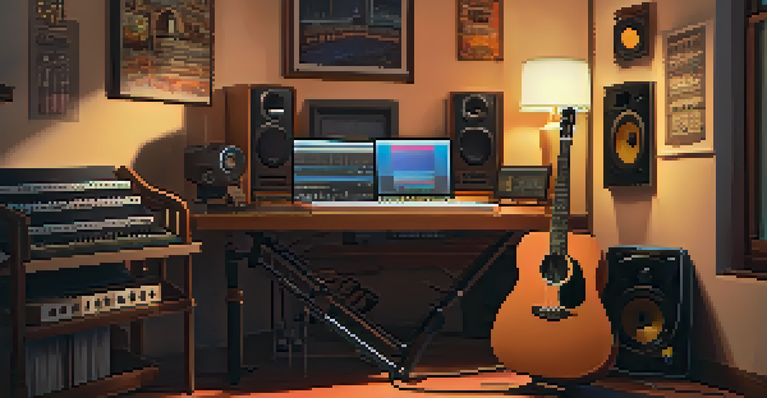 A home studio setup featuring a ukulele, microphone, audio interface, and laptop, all illuminated by warm lights.
