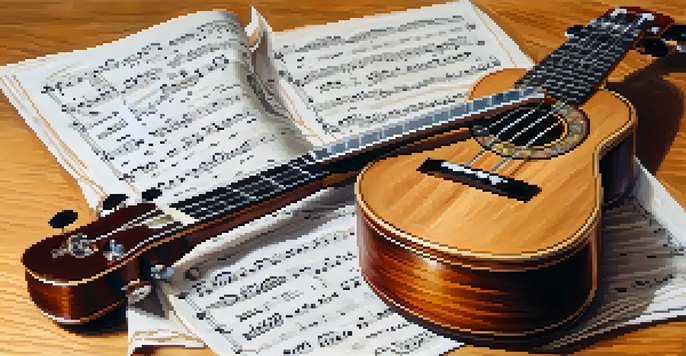 A ukulele on a wooden table with sheet music and a metronome in soft light.