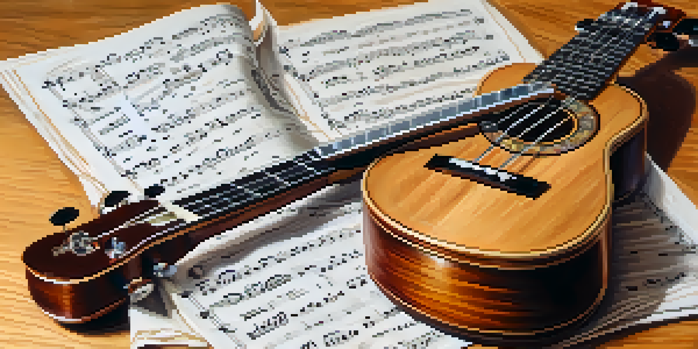 A ukulele on a wooden table with sheet music and a metronome in soft light.