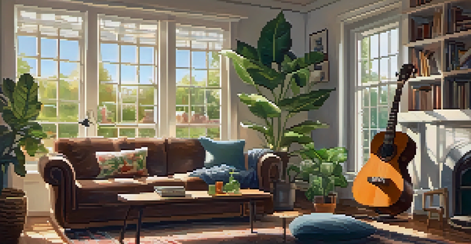 A person playing a ukulele in a cozy, warmly lit living room filled with plants and books, with sunlight streaming through the window.