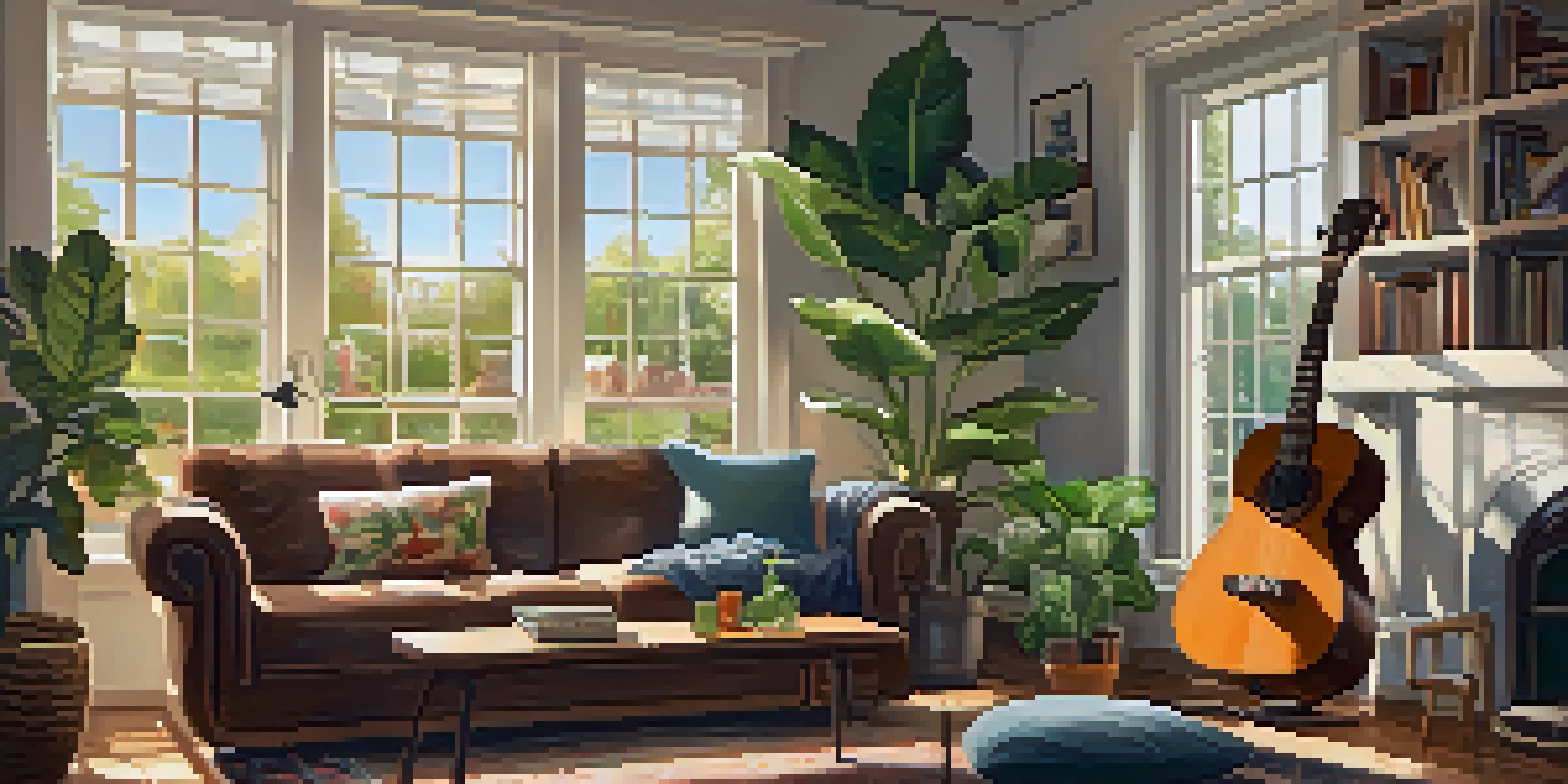 A person playing a ukulele in a cozy, warmly lit living room filled with plants and books, with sunlight streaming through the window.