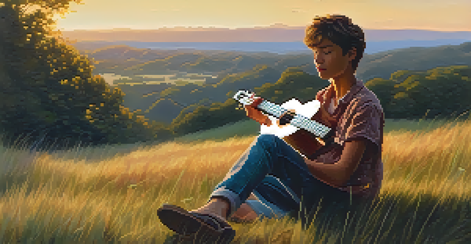A young musician playing a ukulele on a grassy hill at sunset, surrounded by nature.