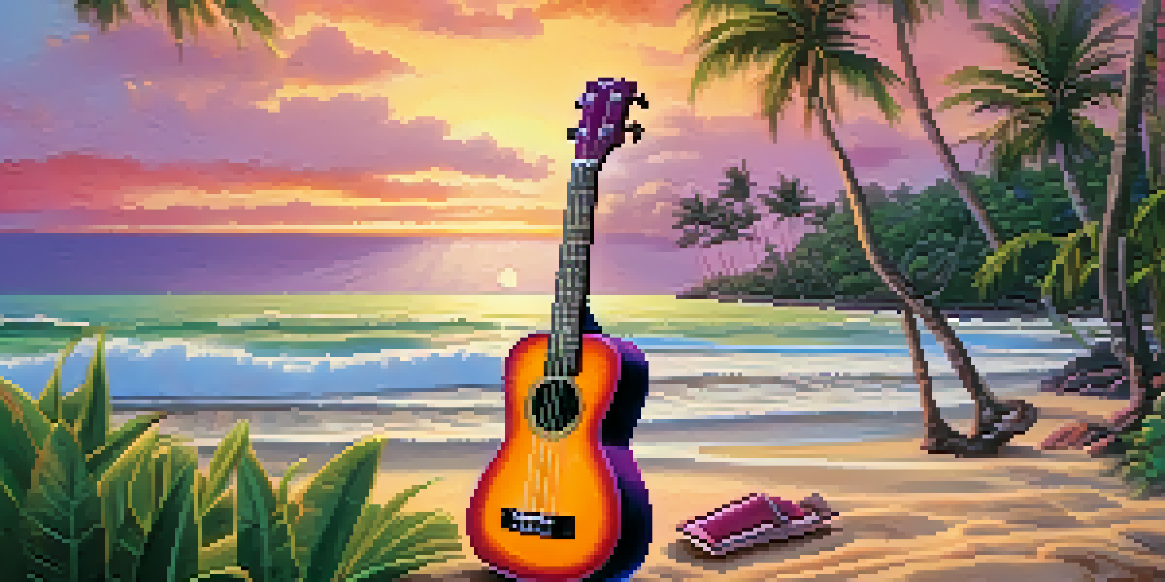A beautiful sunset over a beach with a ukulele resting on the sand, surrounded by palm trees.