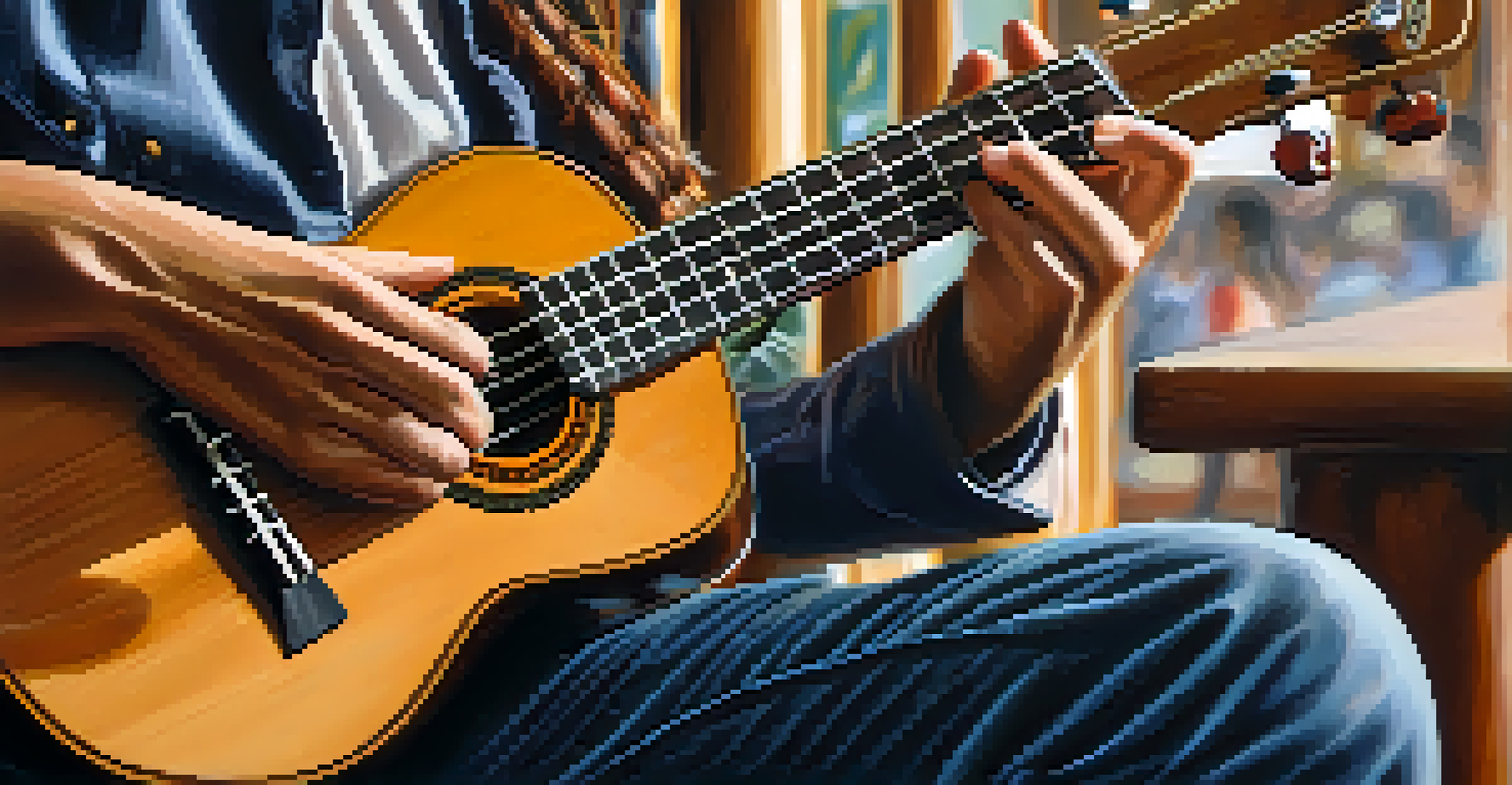 A close-up of hands playing a ukulele, showcasing the instrument's details, with a blurred emotional scene in the background.