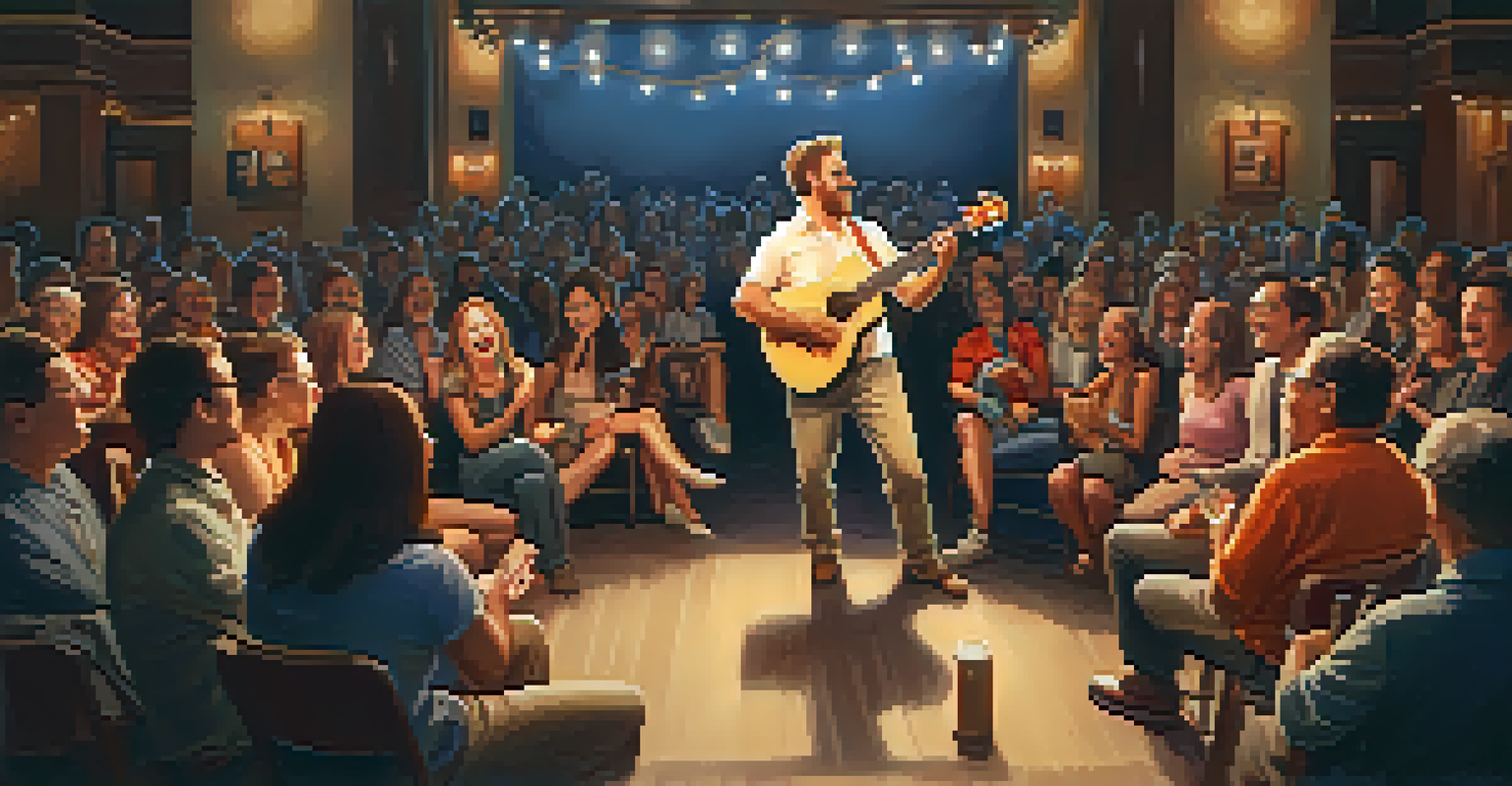 A ukulele performer sharing a story, showing expressive body language and engaging the smiling audience in a warm venue.