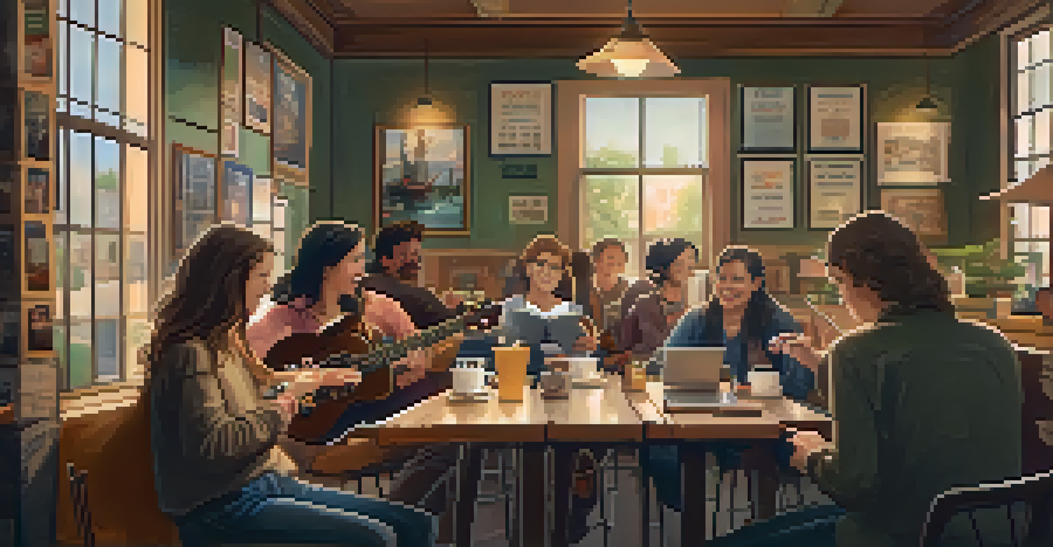 A cozy café setting where a small group of beginners is learning to play the ukulele, with a friendly instructor and warm lighting.