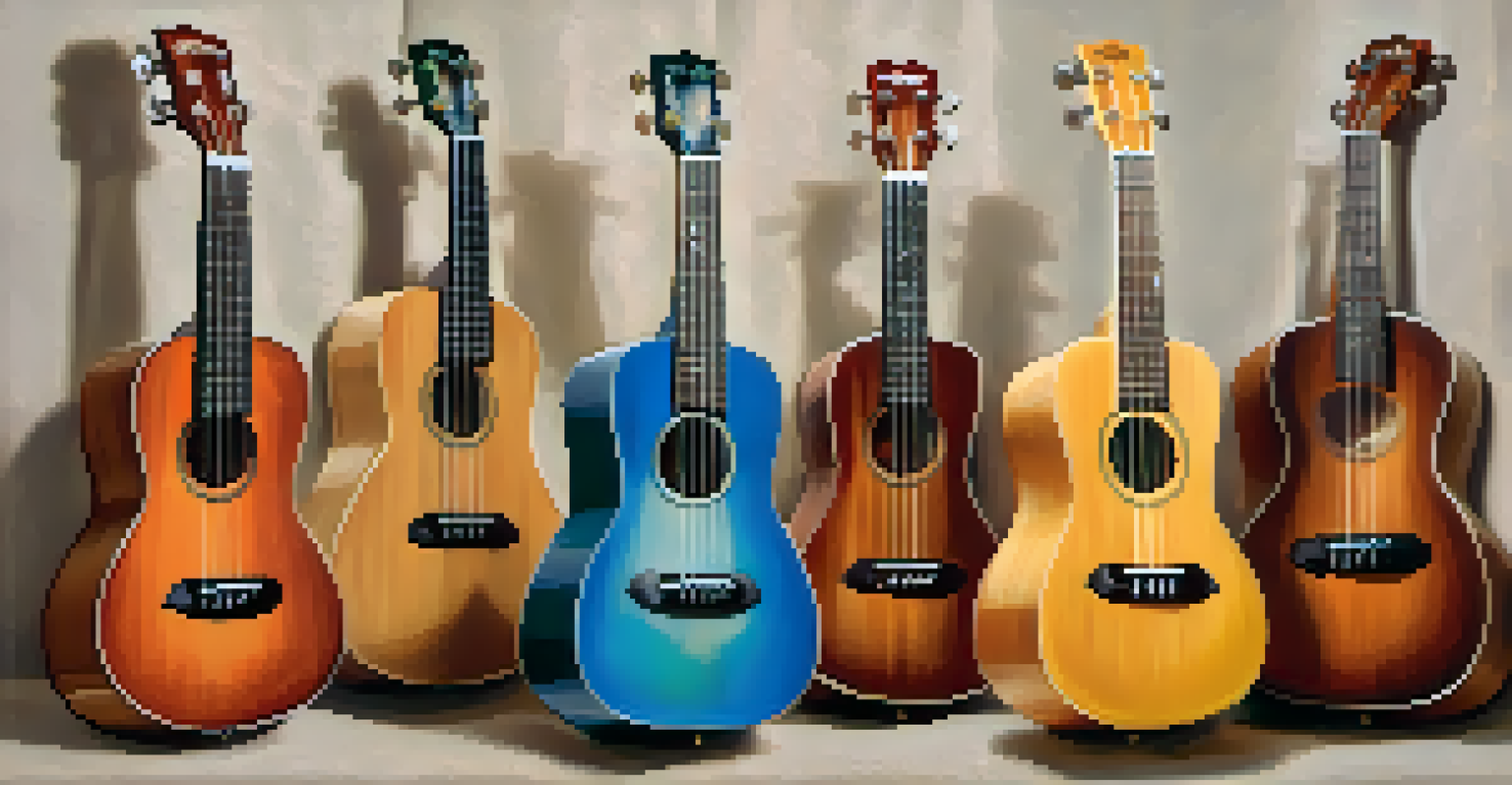 An arrangement of four ukuleles of different sizes labeled and illuminated on a soft fabric surface.