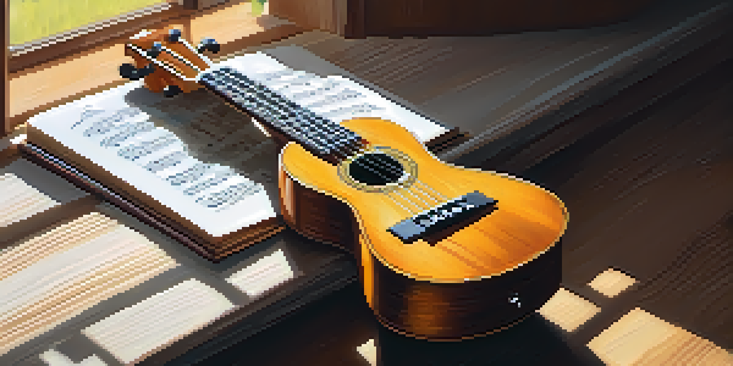 A ukulele on a wooden table with sheet music and a cup of tea, illuminated by soft sunlight.