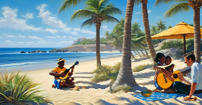 A cheerful ukulele player on the beach with a trumpet player in the background, surrounded by palm trees and ocean waves.