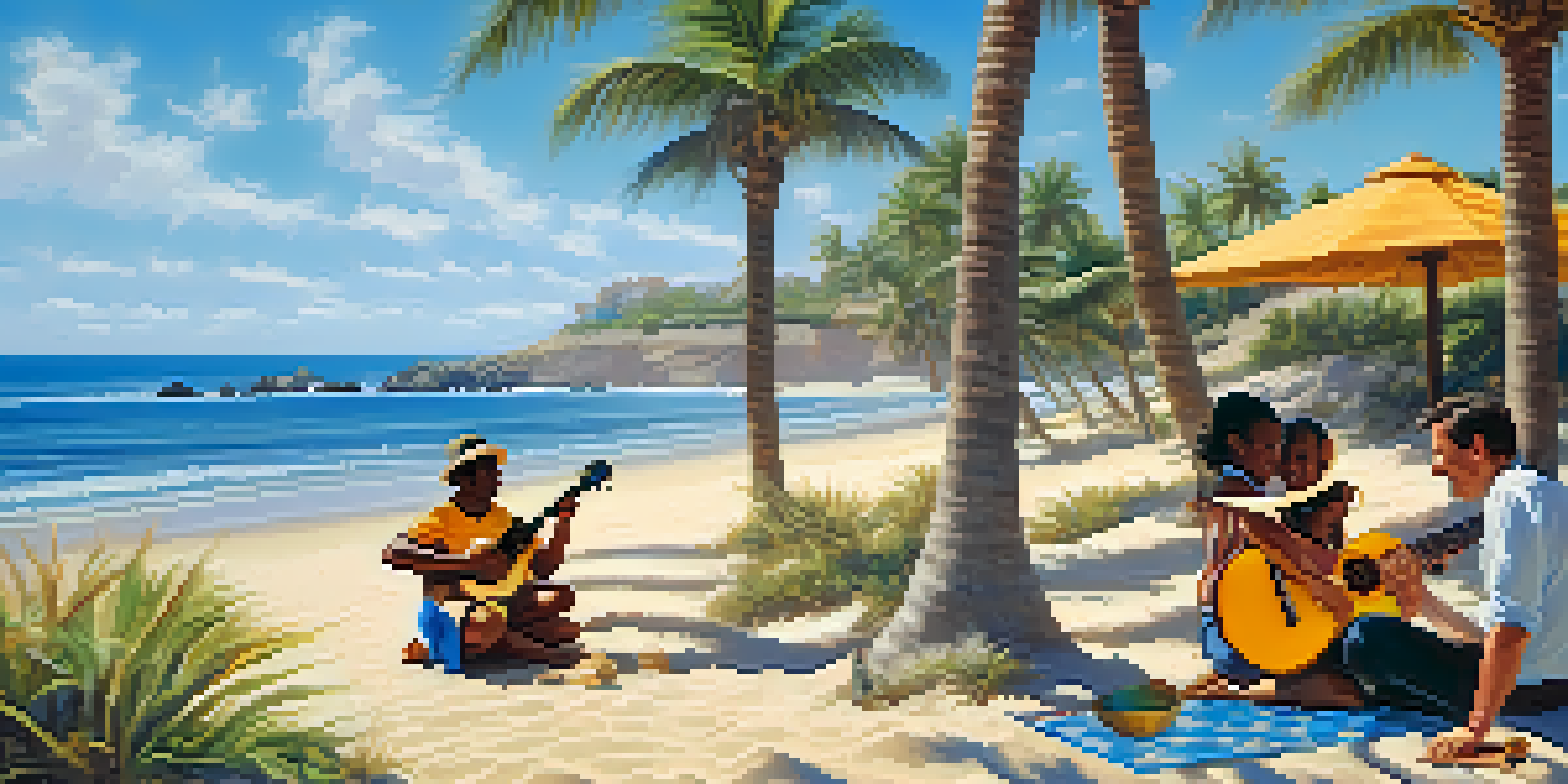 A cheerful ukulele player on the beach with a trumpet player in the background, surrounded by palm trees and ocean waves.