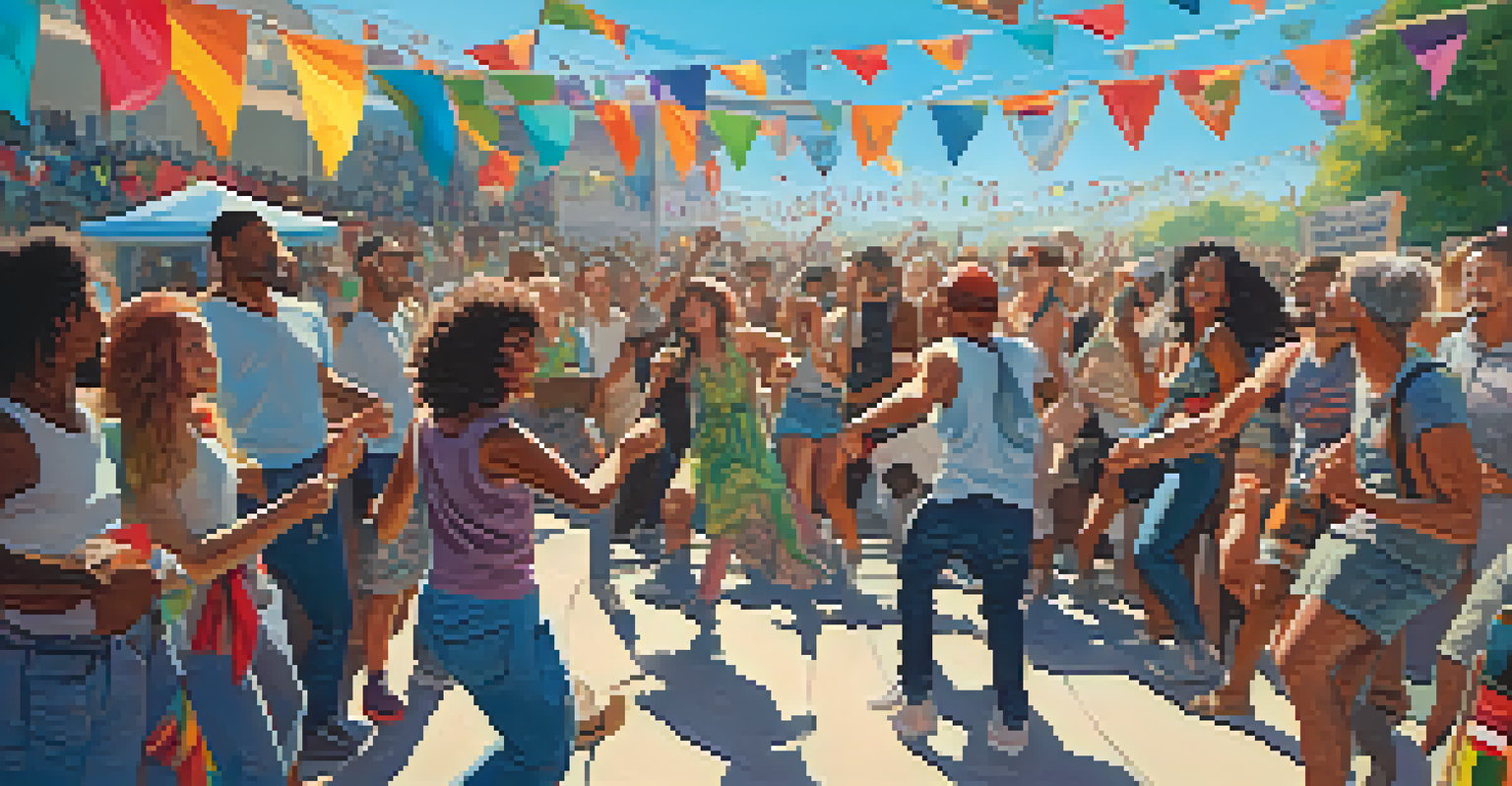 An outdoor festival with a musician playing a ukulele and a diverse crowd dancing joyfully under a clear blue sky.