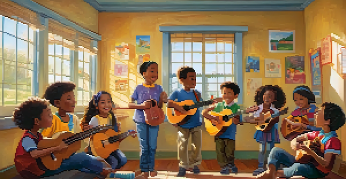 A classroom filled with children happily playing ukuleles under the guidance of a teacher, with colorful decorations and sunlight illuminating the space.
