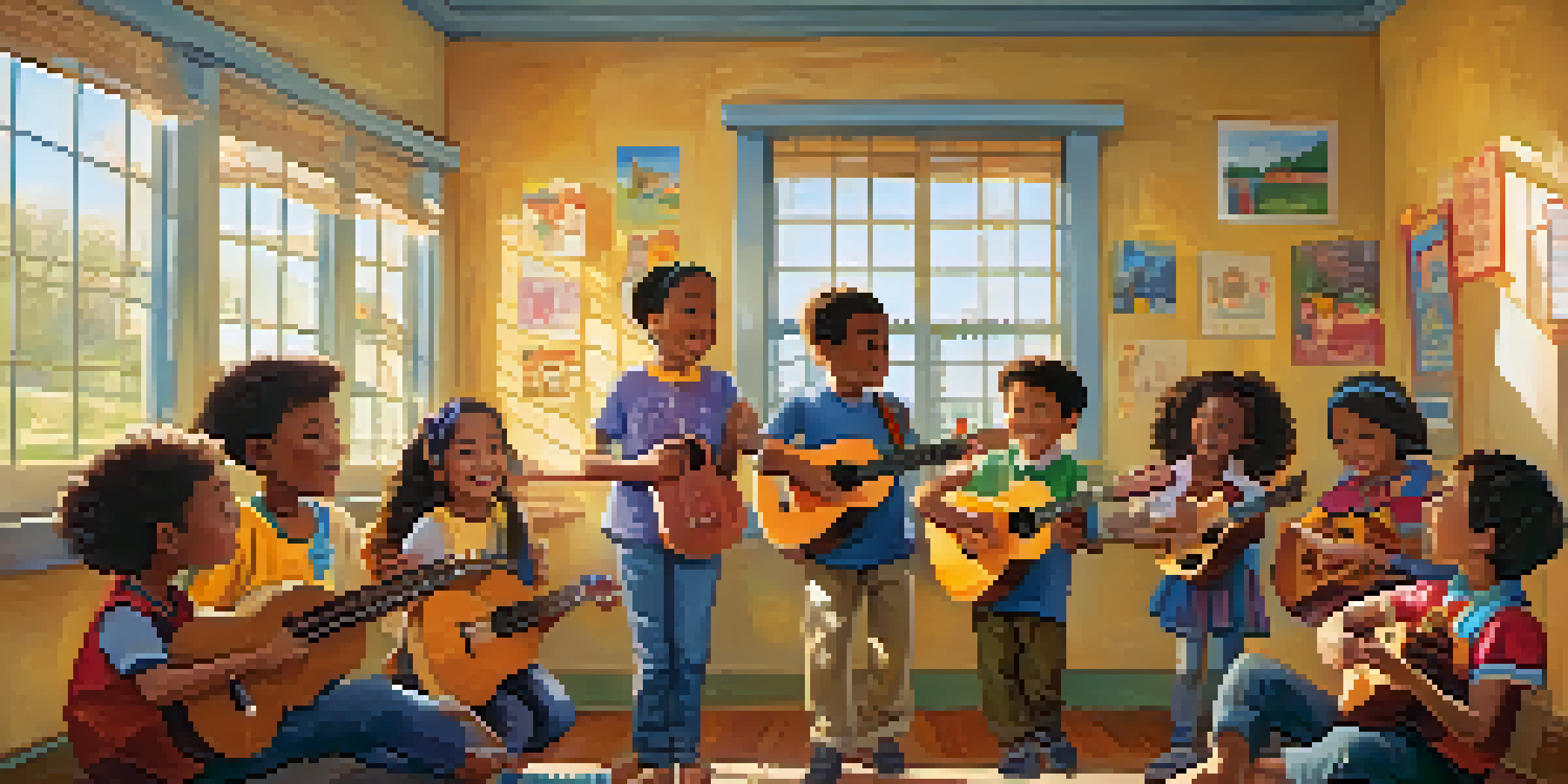 A classroom filled with children happily playing ukuleles under the guidance of a teacher, with colorful decorations and sunlight illuminating the space.