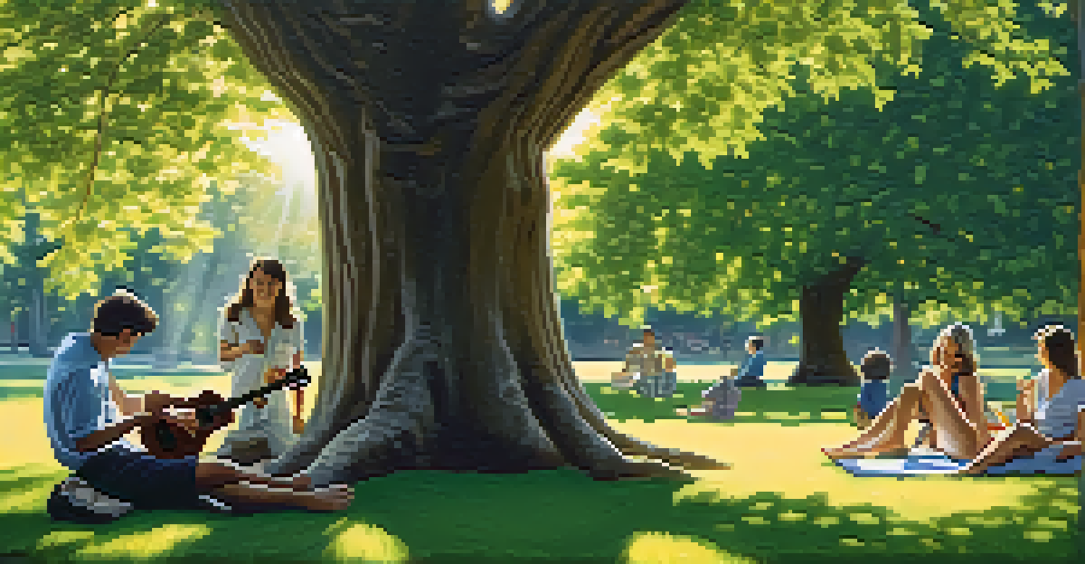 An artist playing a ukulele under a tree in a park, with a warm glow and people in the background.
