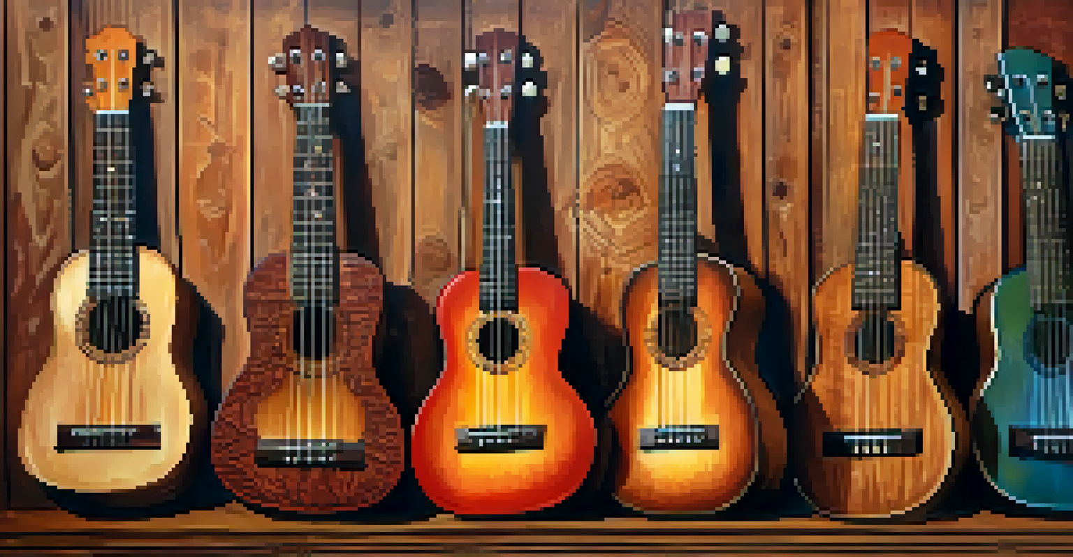 An artistic display of different types of ukuleles on a rustic wooden background.