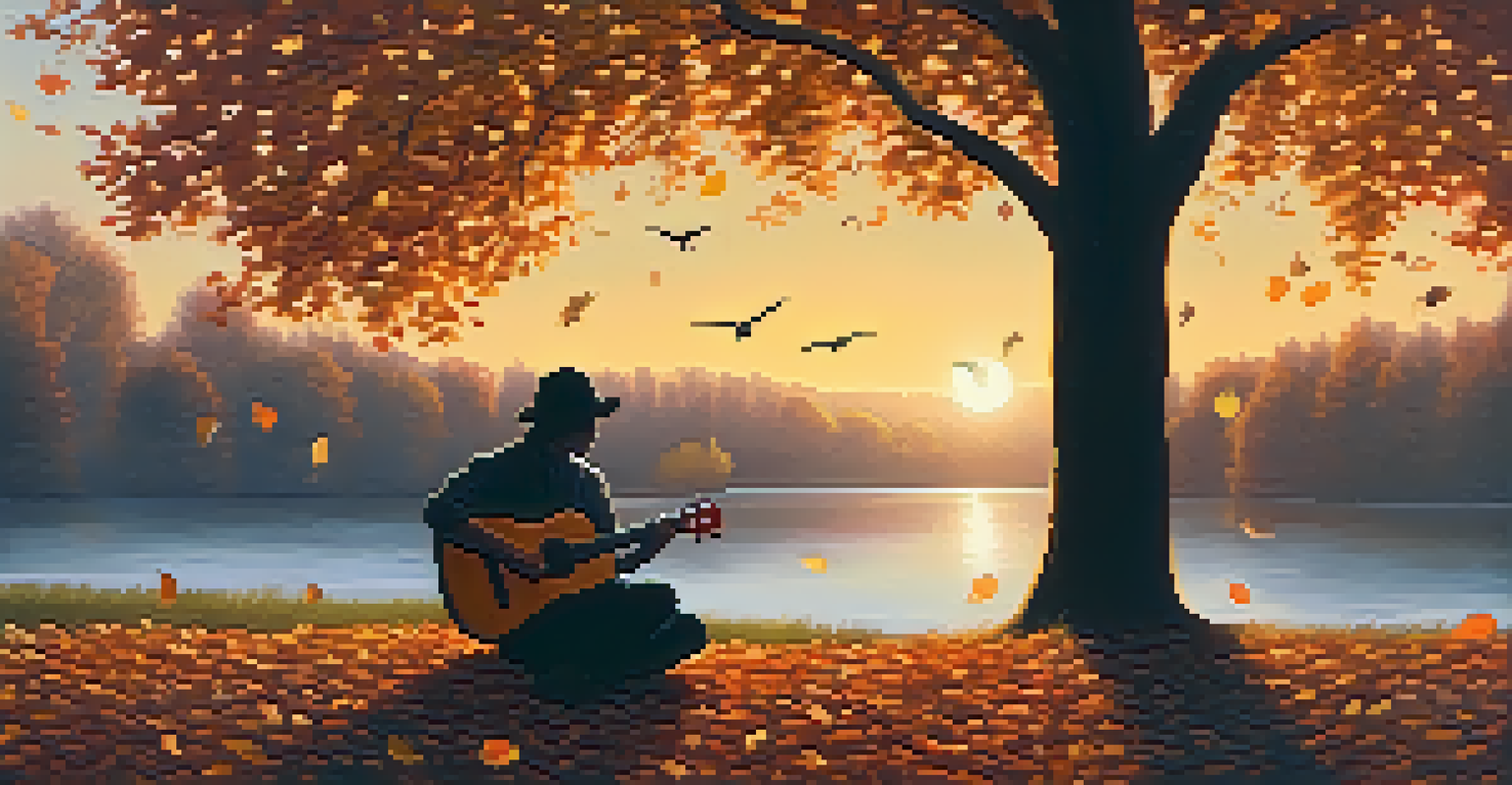 A silhouette of a person playing the ukulele under a tree during an autumn sunset.